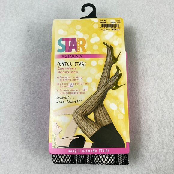 Star Power By Spanx Women‎ Size C Shaping Tights Black Open Weave Diamond Stripe - Picture 1 of 7